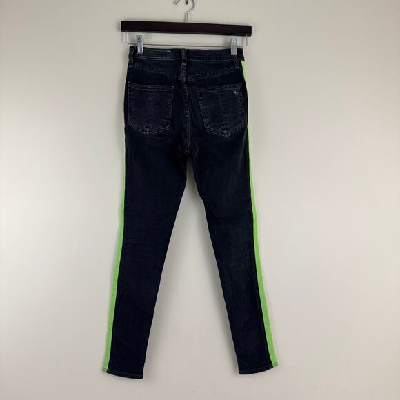 Rag & Bone Jeans Women's 25 Black Green Tuxedo Stripe Black Lime Pants READ - Picture 3 of 12